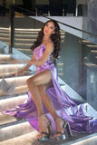 Elegant A Line Spaghetti Straps Satin Long Formal Prom Dress with Slit HZ1023