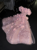 Princess A Line Off the Shoulder Pink Feather Flower Sequin Prom Dress Evening Dress HZ1023