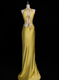 Yellow Sheath Halter Satin Open Back Prom Dress Graduation Prom Dress with Slit HZ1023