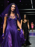 Unique A Line Spaghetti Strap Purple Lace Satin Prom Dress Evening Dress with Slit HZ1023