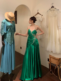 Vintage A Line Halter Pleated Beaded Sequin Emerald Satin Open Back Prom Dress Evening Dress HZ1023