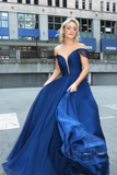 Navy Blue A Line Off the Shoulder V Neck Tulle Long Prom Dress Evening Dress HZ1023