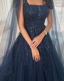 Glitter Navy Blue Square Neck Tulle Long Prom Dress Ball Gown Quinceanera Dress HZ1023