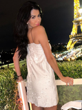 Camellia A Line Spaghetti Strap White Sequin Short Homecoming Dress Cocktail Dress HZ1023