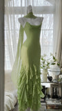 Green Mermaid Spaghetti Strap Ruffle Beaded Chiffon Long Prom Dress Evening Dress HZ1023