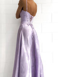 Lavender A Line Spaghetti Straps Satin Long Prom Dress Evening Dress HZ1023