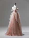 Pink A Line Straps Corset Tulle Long Prom Dress With Ruffles HZ1023
