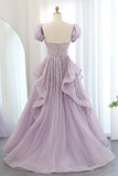 Lilac A Line Puff Sleeve Sequins Ruffle Tulle Prom Dress HZ1023