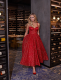 Charming A Line Spaghetti Strap Corset Red Sequin Prom Dress Evening Dress HZ1023