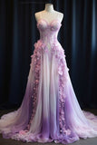Purple Ombre A Line Spaghetti Strap 3D Flower Chiffon Prom Dress Evening Dress HZ1023