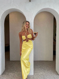 Unique Sheath Spaghetti Strap Yellow Satin Open Back Prom Dress Evening Dress HZ1023