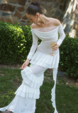 Elegant Sheath Long Sleeve Ruffles White Lace Chiffon Prom Dress Evening Dress HZ1023