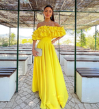 Charming A Line Off the Shoulder Yellow Satin Prom Dress Evening Dress HZ1023