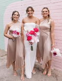 Elegant A Line One Shoulder Pleated Apricot Satin Bridesmaid Dress Evening Dress HZ1023
