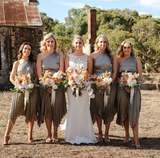 Elegant A Line One Shoulder Pleated Sage Green Satin Bridesmaid Dress Evening Dress HZ1023