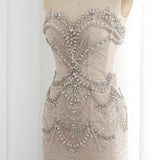 Luxury Mermaid Crystal Pearls Nude Tulle Long Prom Dress HZ1023