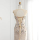 Luxury Mermaid Crystal Pearls Nude Tulle Long Prom Dress HZ1023