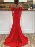 Fashion Red Off The Shoulder Mermaid Prom Dress,Slit Satin Evening Dress HZ1023