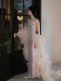 Shiny Pink Sheath Straps Rhinestone Sequin Prom Dress Evening Dress Party Dress HZ1023