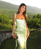 Green Mermaid Ruffle Straps Satin Long Prom Dress Vacation Dress Party Dress HZ1023