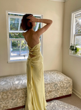 Simple A Line Spaghetti Strap Yellow Satin Open Back Prom Dress Graduation Prom Dress HZ1023