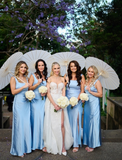 Gentle Sheath Strap Blue Satin Long Bridesmaid Dress Evening Dress with Slit HZ1023
