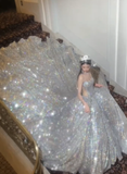 Stunning A Line Strapless Silver Sequin Long Prom Dress Graduation Prom Dress HZ1023
