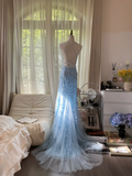 Light Blue A Line Spaghetti Straps Appliques Tulle Open Back Party Dress Evening Dress HZ1023
