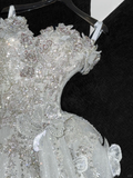 Gorgeous Ball Gown Strapless White Flower Silver Sequin Organza Prom Dress Party Dress HZ1023