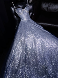 Shiny A Line Spaghetti Strap Rhinestone Silver Sequin Long Prom Dress Graduation Prom Dress HZ1023
