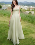 Gentle A Line Spaghetti Strap Green Chiffon Long Prom Dress Party Dress HZ1023