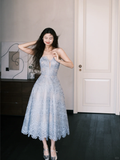 Blue A Line Sweetheart Neck Lace Prom Dress Party Dresses HZ1023