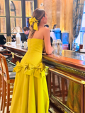 Pretty A Line Strapless Yellow Satin Prom Dress Evening Dress with Bow HZ1023