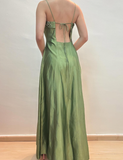 Vintage A Line Spaghetti Strap Beaded Green Satin Prom Dress Evening Dress HZ1023