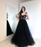 Black tulle long A line prom dress evening dress HZ1023