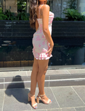 Light Pink Sheath Spaghetti Strap Printed Floral Chiffon Short Homecoming Dress Outfits HZ1023