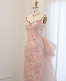 Pink Sheath Spaghetti Straps Rhinestone Sequin Tulle Prom Dress Evening Dress with Bow HZ1023