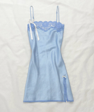 Blue Lattice A Line Spaghetti Strap Lace Satin Short Homecoming Dress Birthday Dress Outfits HZ1023