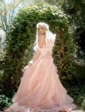 Fairy A Line Off the Shoulder Sequin Pink Tulle Long Prom Dress Evening Dress with Slit HZ1023
