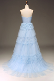 Pretty A Line Strapless Tiered Blue Tulle Long Prom Dress Evening Dress with Slit HZ1023