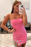 Pink Strapless Tassel Tight Mini Homecoming Dress HZ1023
