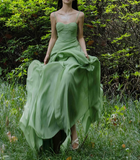 Flowy Ruffle Green A Line Spaghetti Strap Chiffon Evening Dress Party Dress HZ1023