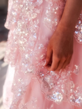 Elegant A Line Off the Shoulder Tiered Sequin Light Pink Tulle Prom Dress Evening Dress HZ1023