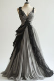 Grey A Line V Neck Black Appliques Lace Chiffon Prom Dress Evening Dress HZ1023