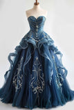 Gorgeous A Line Sweetheart Neck Beaded Ruffle Blue Tulle Prom Dress Evening Dress HZ1023
