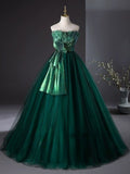 Green A Line Strapless Tulle Ball Gown Prom Dress HZ1023