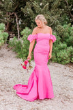 Elegant Mermaid Off-the-shoulder Hot Pink Satin Prom Dresses HZ1023