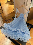Cute A Line Halter Baby Blue Pleated Chiffon Short Homecoming Dress Birthday Dress HZ1023