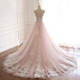 Light Pink A Line Beaded Appliques Tulle Prom Dress Evening Dress HZ1023
