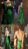 Classic A Line Spaghetti Strap Green Satin Long Prom Dress Evening Dress HZ1023